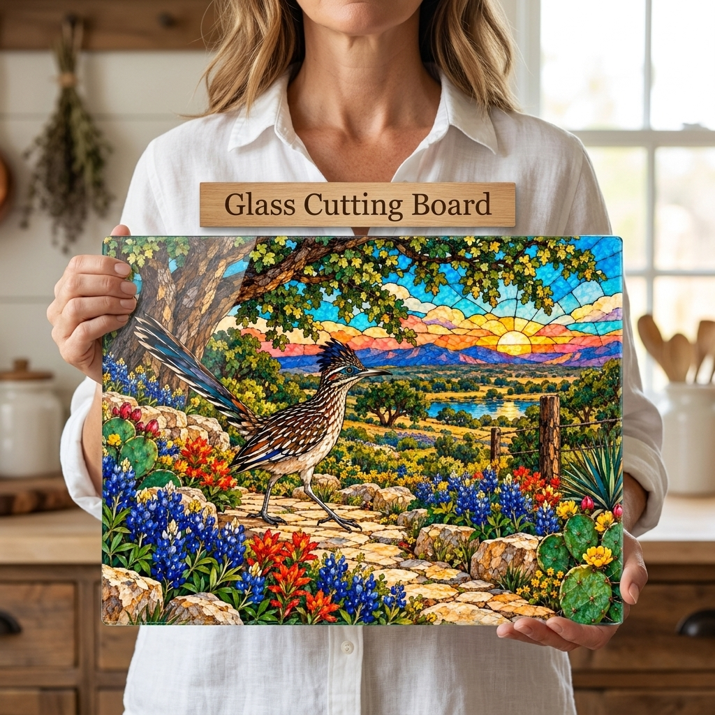 Texas Roadrunner Glass Cutting Board, Bluebonnet Kitchen Decor, Texas Wildflower Gift, Southwestern Kitchen Decor, Stained Glass Style