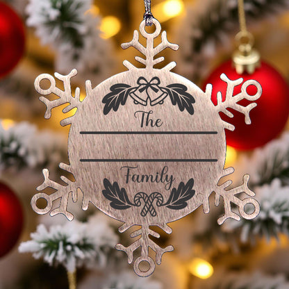 Personalized Family Name Christmas Bells Laser Engraved Stainless Steel Snowflake Tree Ornament - Mallard Moon