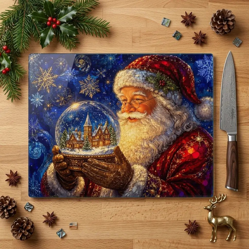 Santa Snow Globe Glass Cutting Board, Stained Glass Christmas Decor, Santa Claus Kitchen Gift, Holiday Serving Board, Christmas Gift