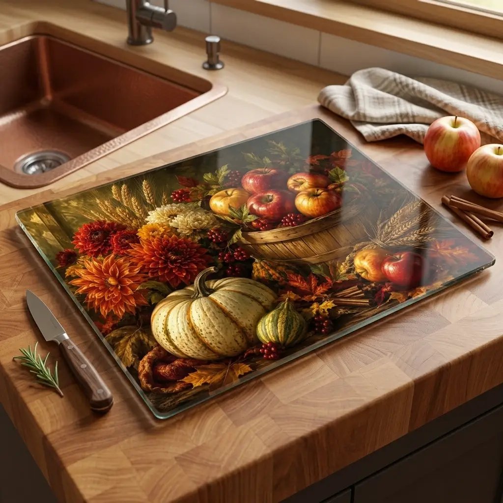 Apple Harvest Glass Cutting Board, Fall Farmhouse Kitchen Decor, Pumpkin Apple Cutting Board, Autumn Kitchen Gift