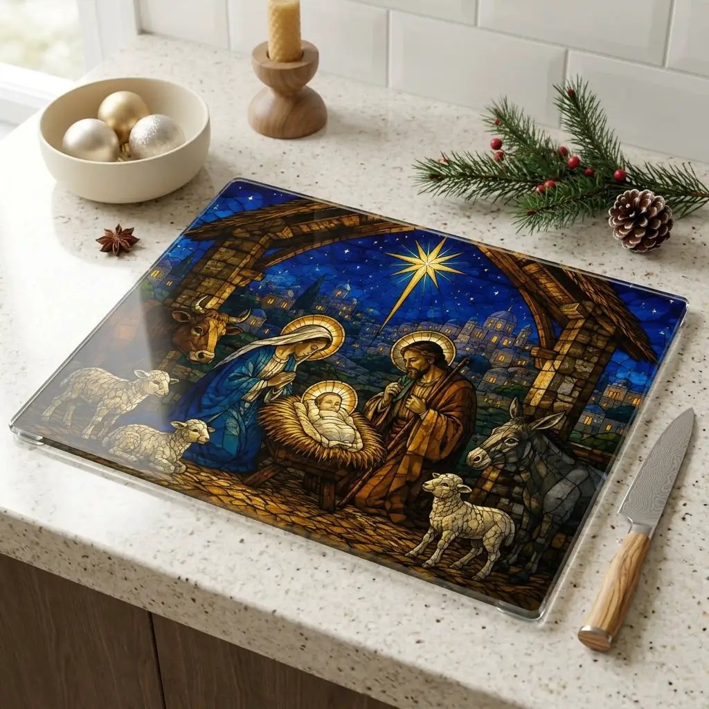 Nativity Glass Cutting Board, Stained Glass Christmas Decor, Holy Family Christian Kitchen Gift, Religious Christmas Cutting Board