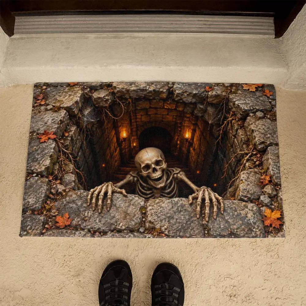 Skeleton Halloween Doormat, 3D Stairwell Illusion Door Mat, Creepy Skeleton Welcome Mat, Spooky Halloween Porch Decor