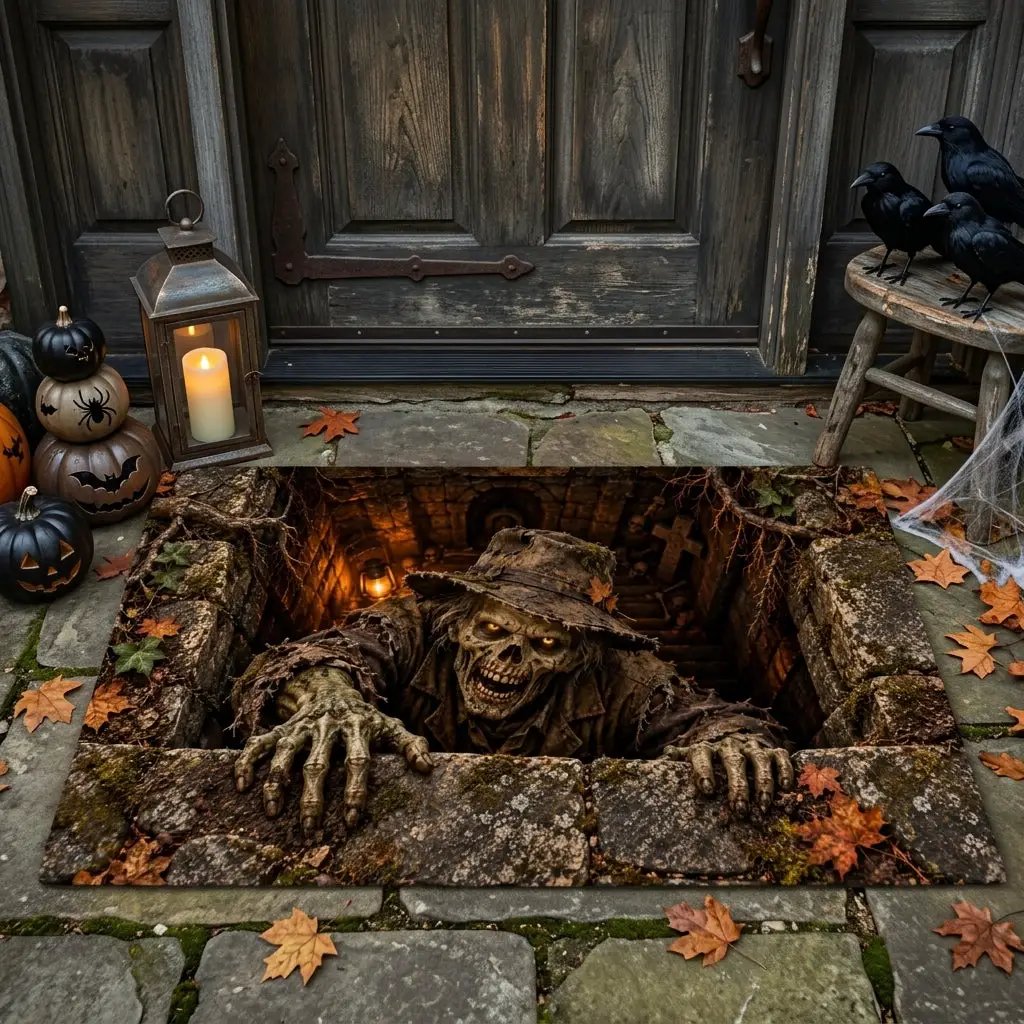 Undead Groundskeeper Halloween Doormat, 3D Zombie Optical Illusion Mat, Creepy Graveyard Door Mat, Haunted Crypt Halloween Decor