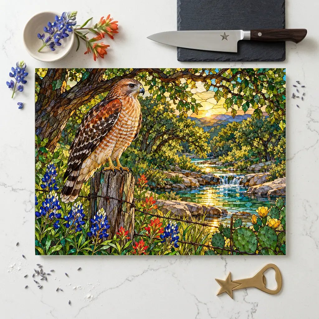 Red-Shouldered Hawk Glass Cutting Board, Bird Lover Kitchen Decor, Wildlife Art Chopping Board, Nature-Inspired Hostess Gift for Birdwatcher