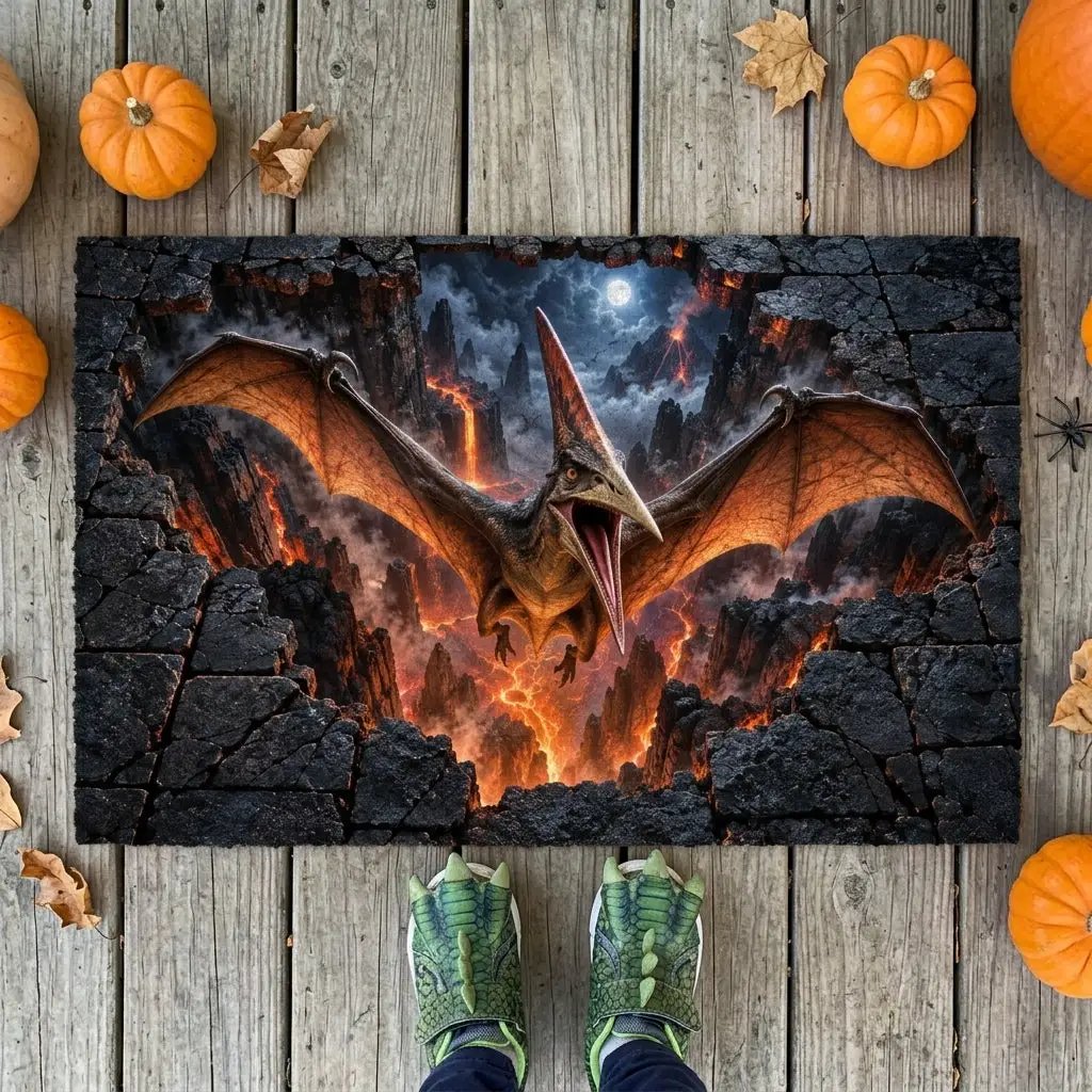Pterodactyl 3D Optical Illusion Doormat, Volcanic Chasm Dinosaur Floor Mat, Prehistoric Flying Reptile Door Mat, Dino Gift