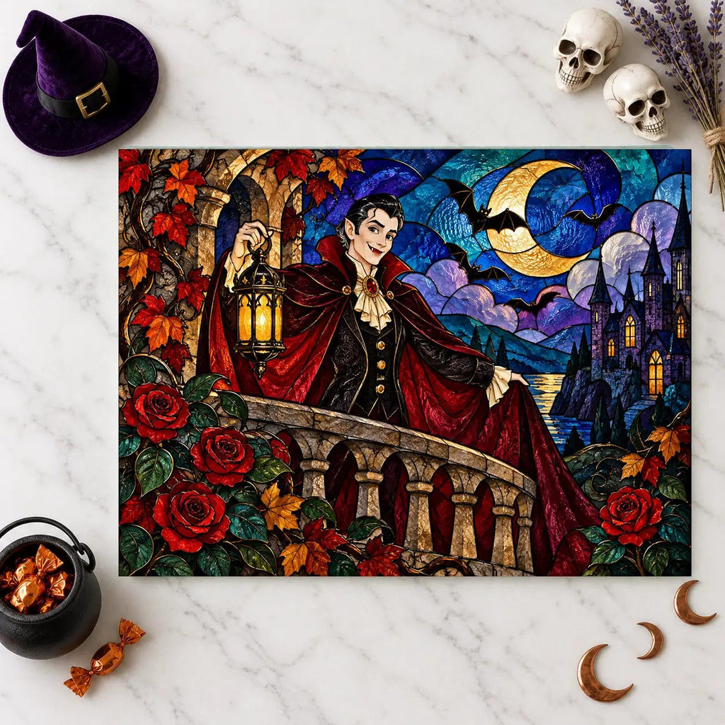 Halloween Dracula Personalized Glass Cutting Board, Spooky Vampire Kitchen Decor