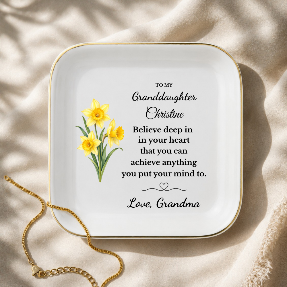 Personalized Daughter/ Granddaughter Jewelry Dish, Birth Flower Trinket Tray, Custom Name Inspirational Ceramic Ring Dish