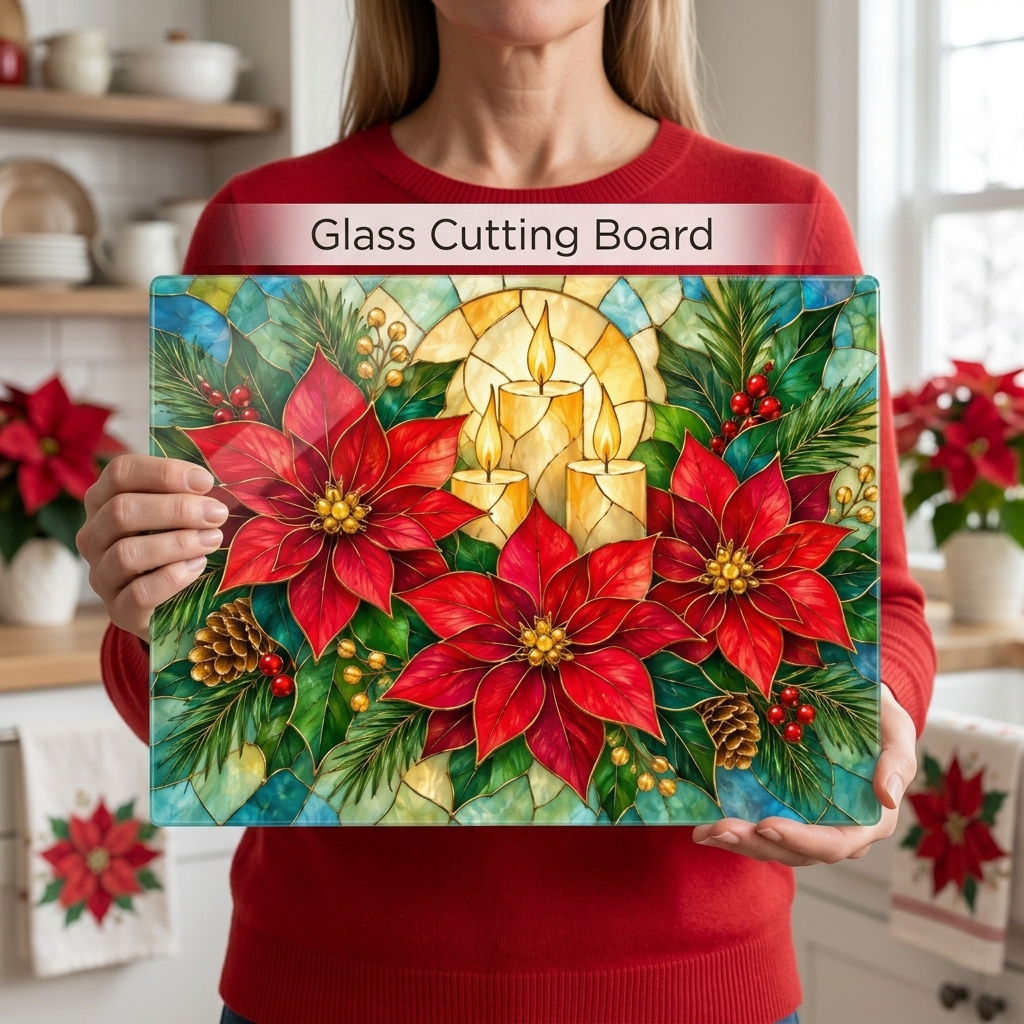 Christmas Poinsettia Glass Cutting Board, Holiday Candle Kitchen Decor, Tempered Chopping Board, Festive Winter Kitchen Gift Idea