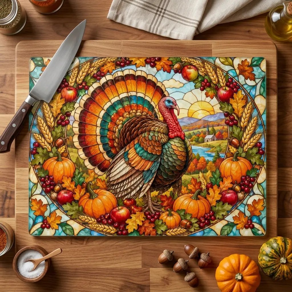 Thanksgiving Turkey Glass Cutting Board, Harvest Wreath Kitchen Decor, Stained Glass Fall Turkey, Pumpkin Apple Autumn Gift