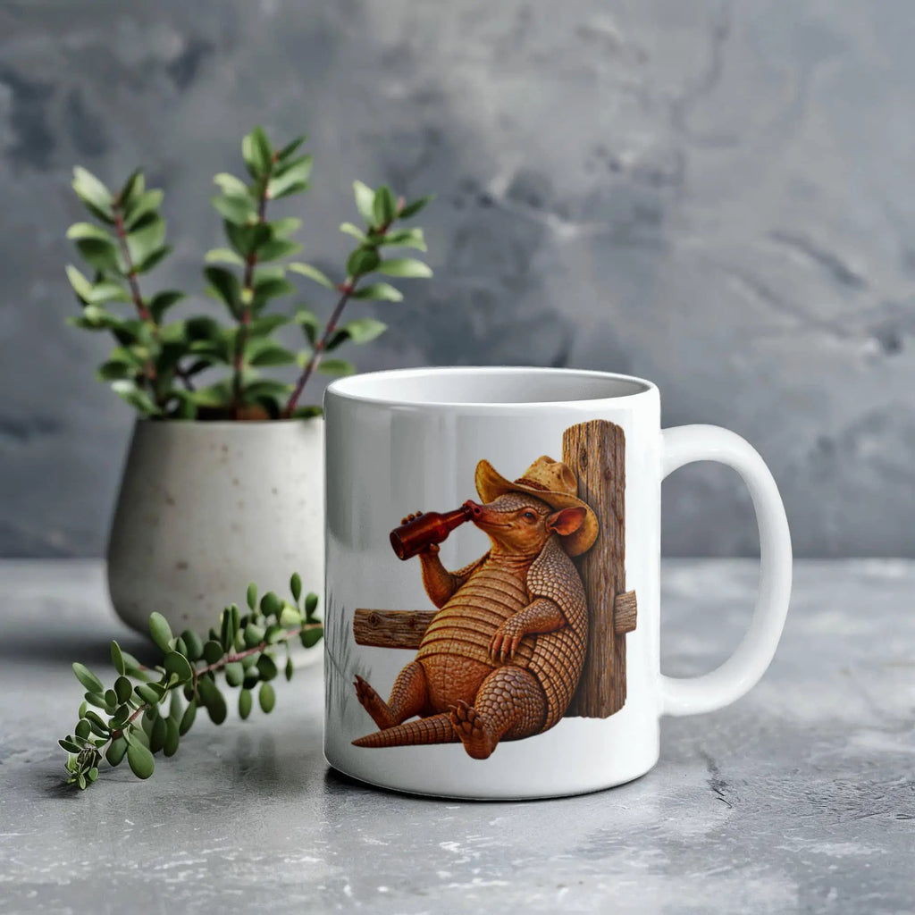 Funny Armadillo Coffee Mug, Texas Cowboy Mug, Beer Drinking Armadillo Gift, Western Coffee Cup, Funny Texas Gift for Him