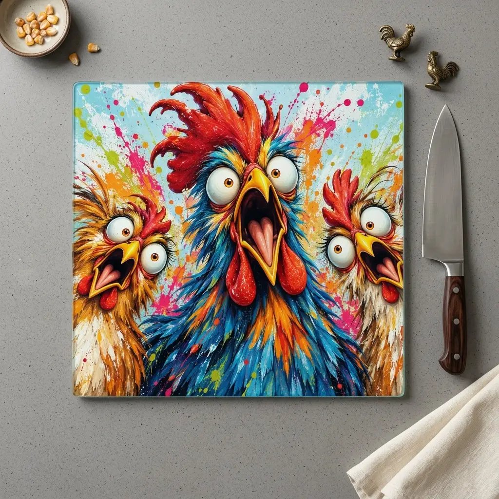 Three Screaming Chickens Cutting Board, Funny Chicken Kitchen Decor, Colorful Chicken Lover Gift, Farmhouse Kitchen Gift