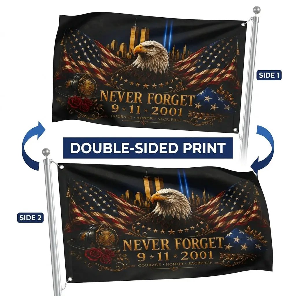 Never Forget 9/11 Double-Sided Memorial Flag – Eagle & Firefighter Tribute