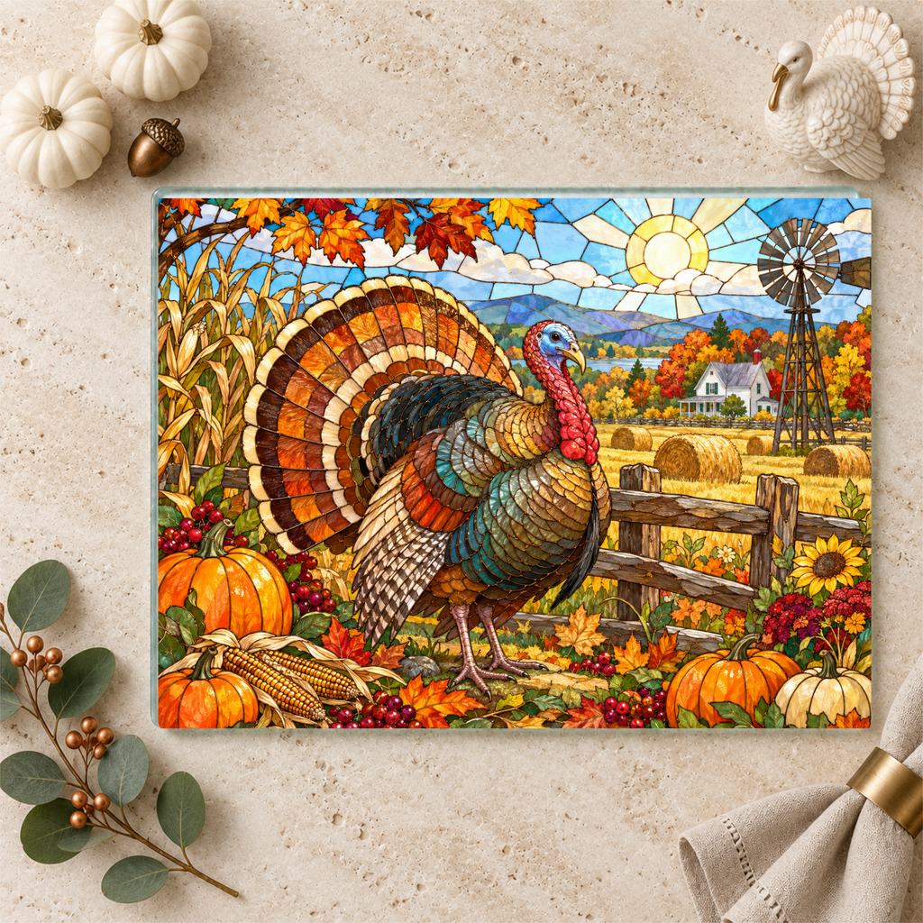 Thanksgiving Turkey Glass Cutting Board, Farmhouse Fall Kitchen Decor, Country Harvest Turkey Cutting Board, Autumn Kitchen Gift