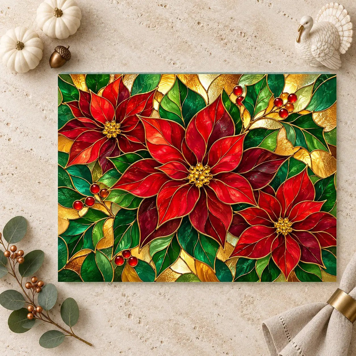 Christmas Poinsettia Glass Cutting Board, Holiday Kitchen Decor, Red Poinsettias and Holly, Festive Chopping Board, Seasonal Gift Idea