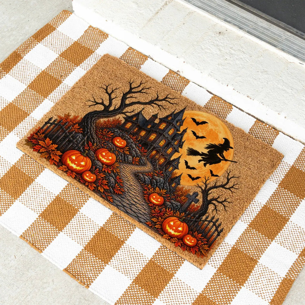Haunted House Doormat, Halloween Witch Welcome Mat, Spooky Mansion Coir Doormat, Jack O Lantern Door Mat, Gothic Halloween Porch Decor