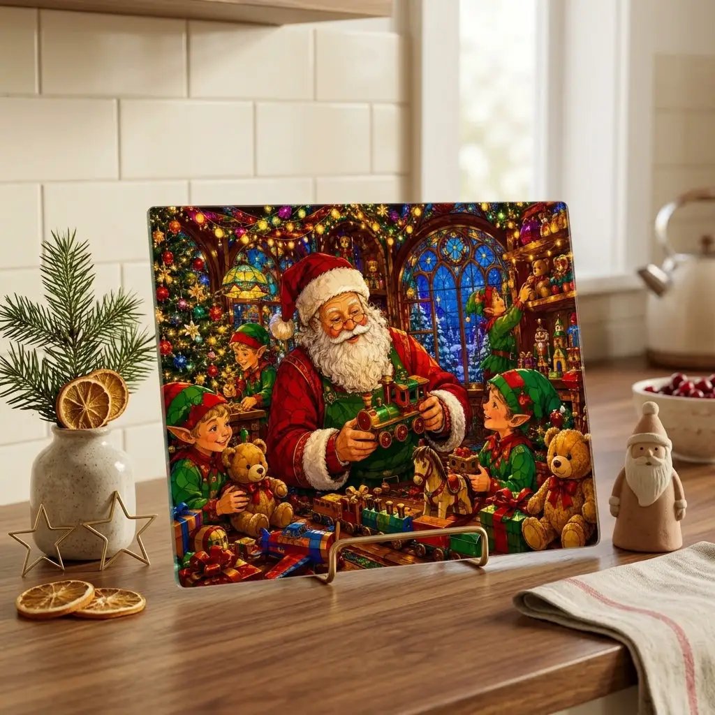 Santa Workshop Glass Cutting Board, Christmas Kitchen Decor, Santa and Elves Stained Glass Art, Holiday Serving Board, Christmas Gift