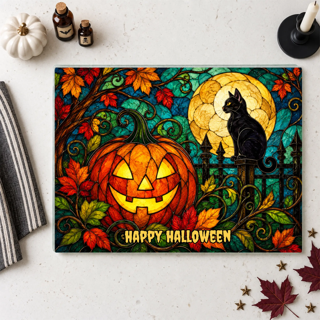 Halloween Black Cat and Jack-O-Lantern Personalized Glass Cutting Board, Spooky Pumpkin Kitchen Decor