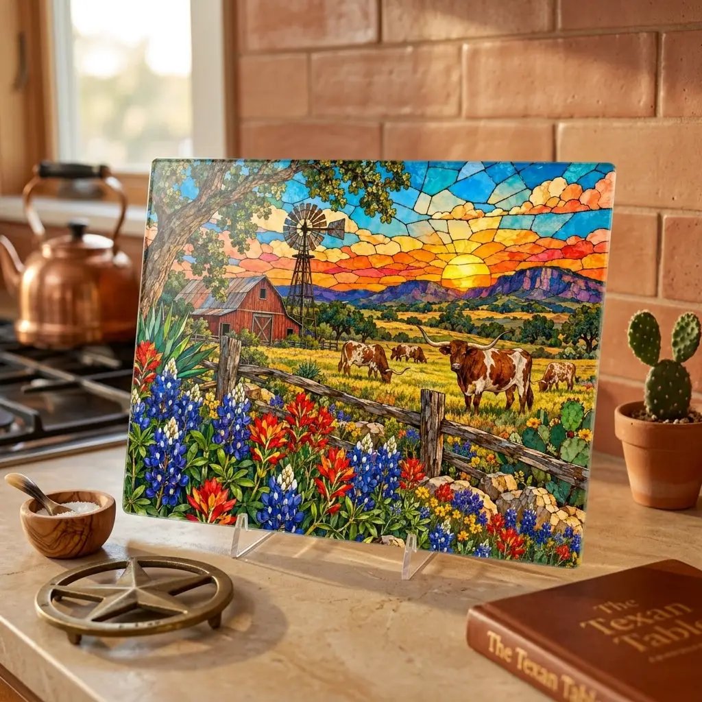 Texas Longhorn Glass Cutting Board, Bluebonnet Ranch Kitchen Decor, Western Farmhouse Gift, Texas Country Decor, Longhorn Cattle Art