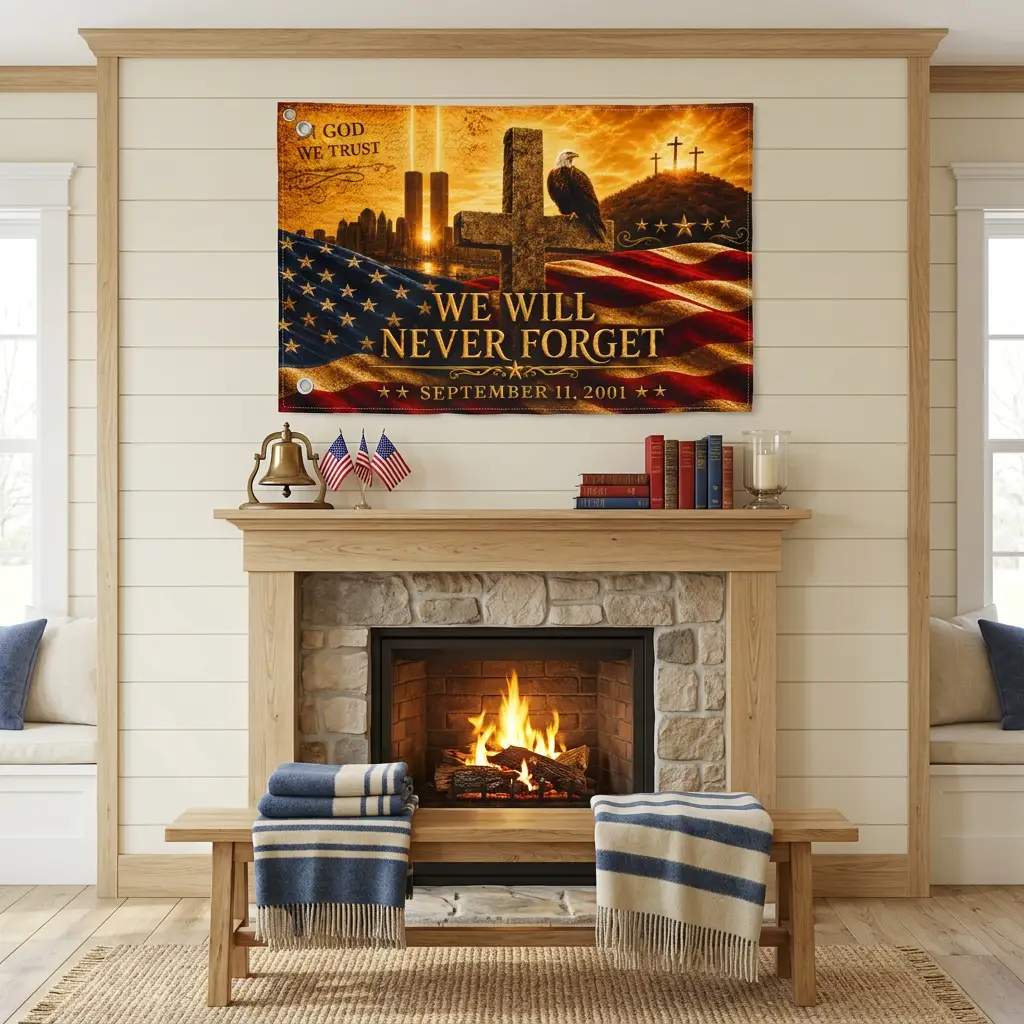 We Will Never Forget Flag, In God We Trust, Double Sided American Flag with Grommets,9/11 Christian Memorial Flag