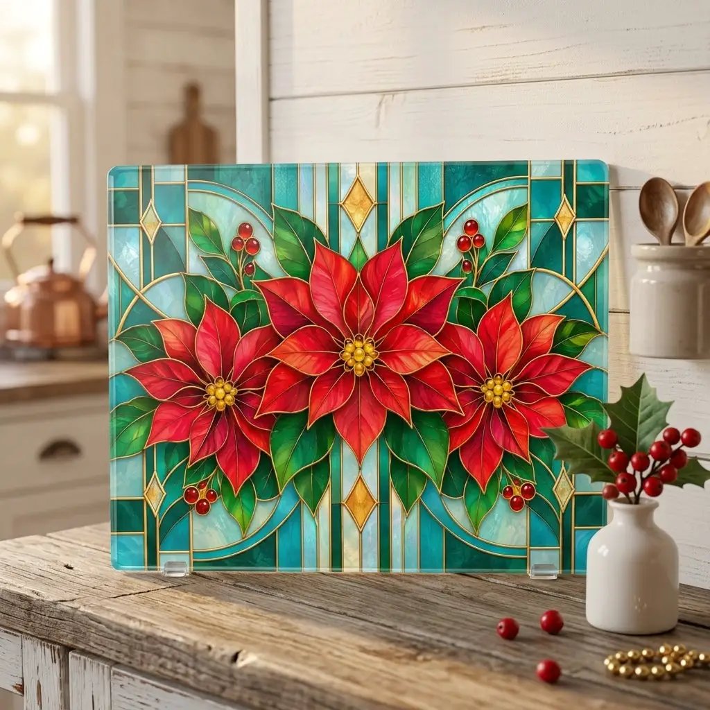 Christmas Poinsettia Glass Cutting Board, Stained Glass Floral Kitchen Decor, Holiday Serving Board, Festive Cooking Gift for Home Chefs