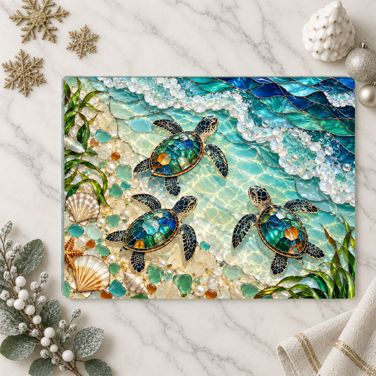 Sea Turtle Hatchlings Cutting Board, Coastal Kitchen Decor, Ocean Beach House Gift, Tempered Glass Chopping Board, Marine Life Kitchen Accent