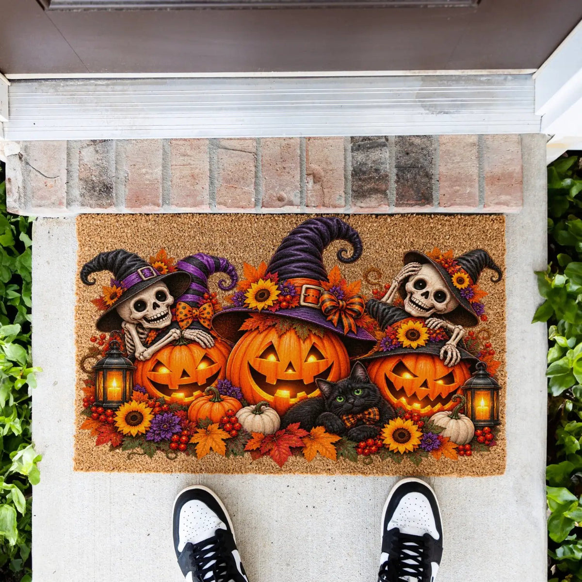 Halloween Skeleton Doormat, Jack O Lantern Coir Mat, Skeleton & Black Cat Welcome Mat, Spooky Fall Porch Decor, Halloween Door Mat