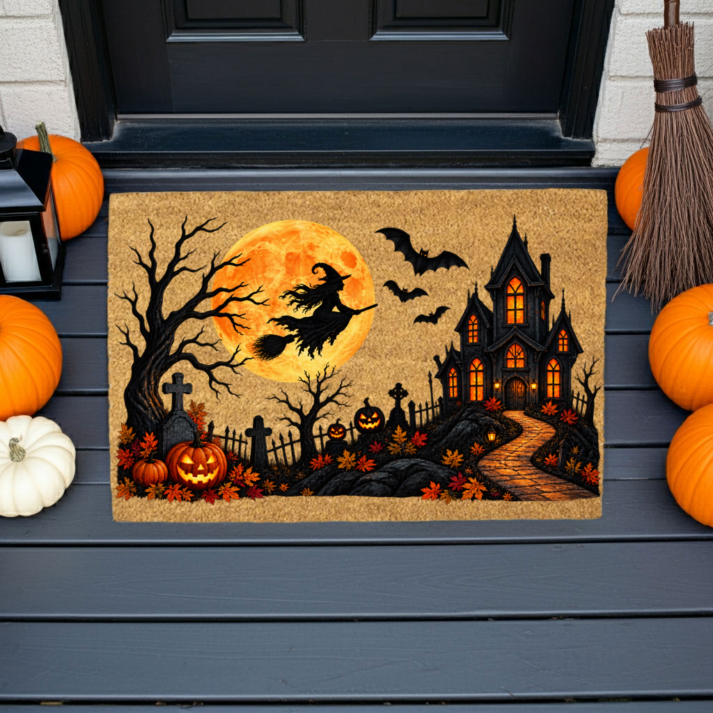 Halloween Witch Doormat, Haunted House Coir Welcome Mat, Spooky Graveyard Porch Decor, Full Moon Halloween Door Mat, Fall Entryway Decor
