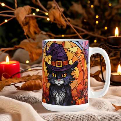 Halloween Black Cat Witch Stained Glass Mug – Spooky Fall Coffee Cup for Cat Lovers | Mallard Moon Gift Shop
