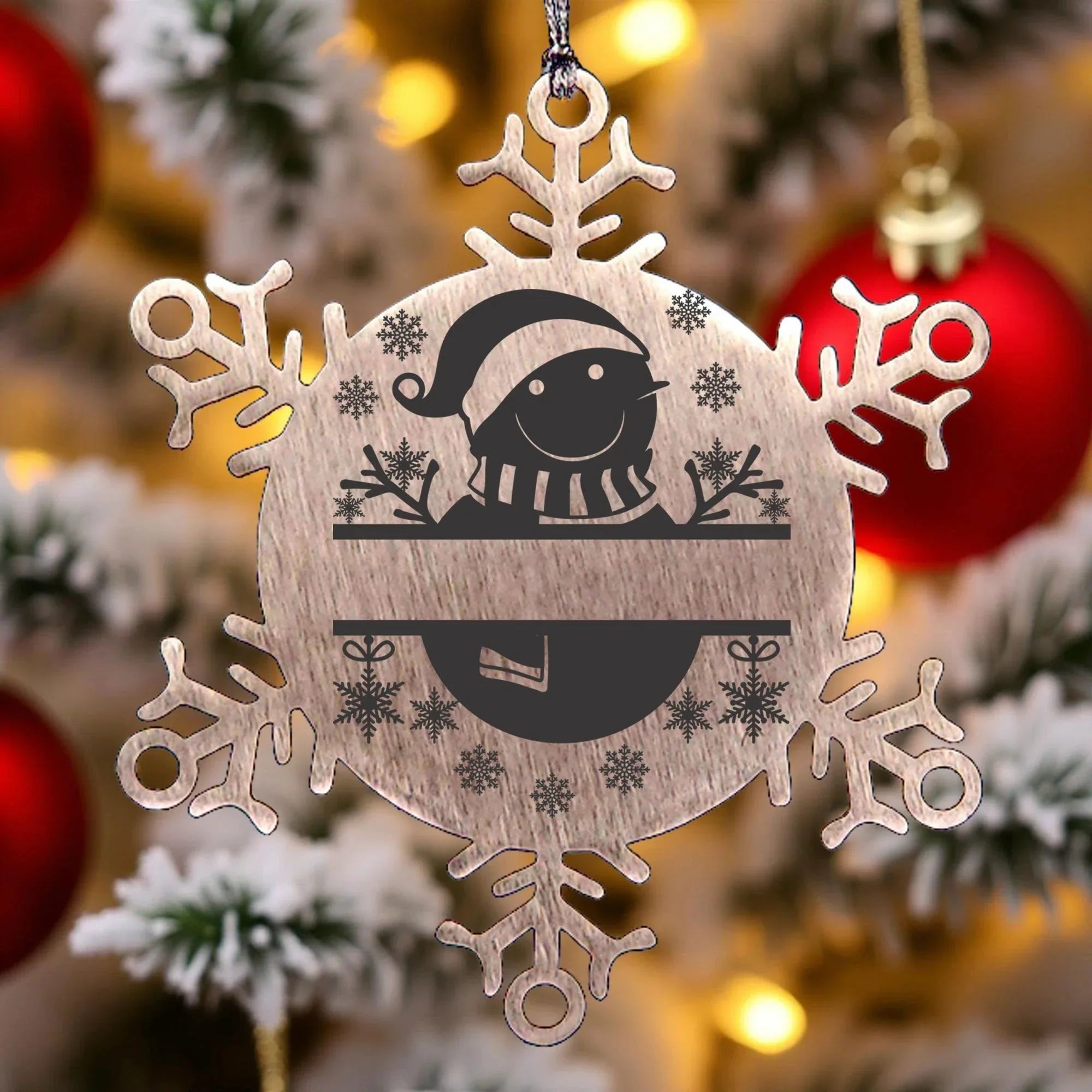 Personalized Snowman Snowflake Tree Ornament Family Name Laser Engraved Stainless Steel