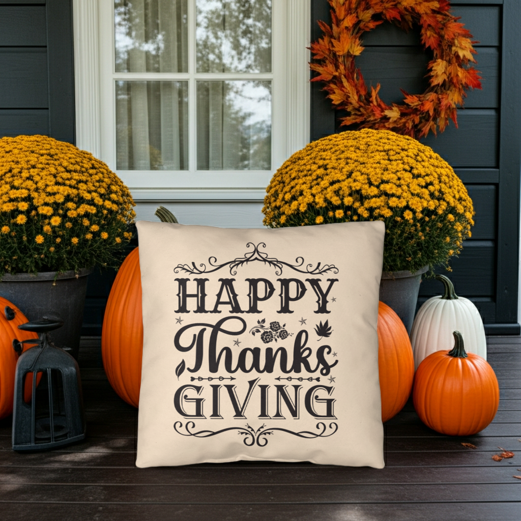 Happy Thanksgiving Decorative Pillow –Vintage Style Indoor/Outdoor Cushion – 3 Sizes - Mallard Moon