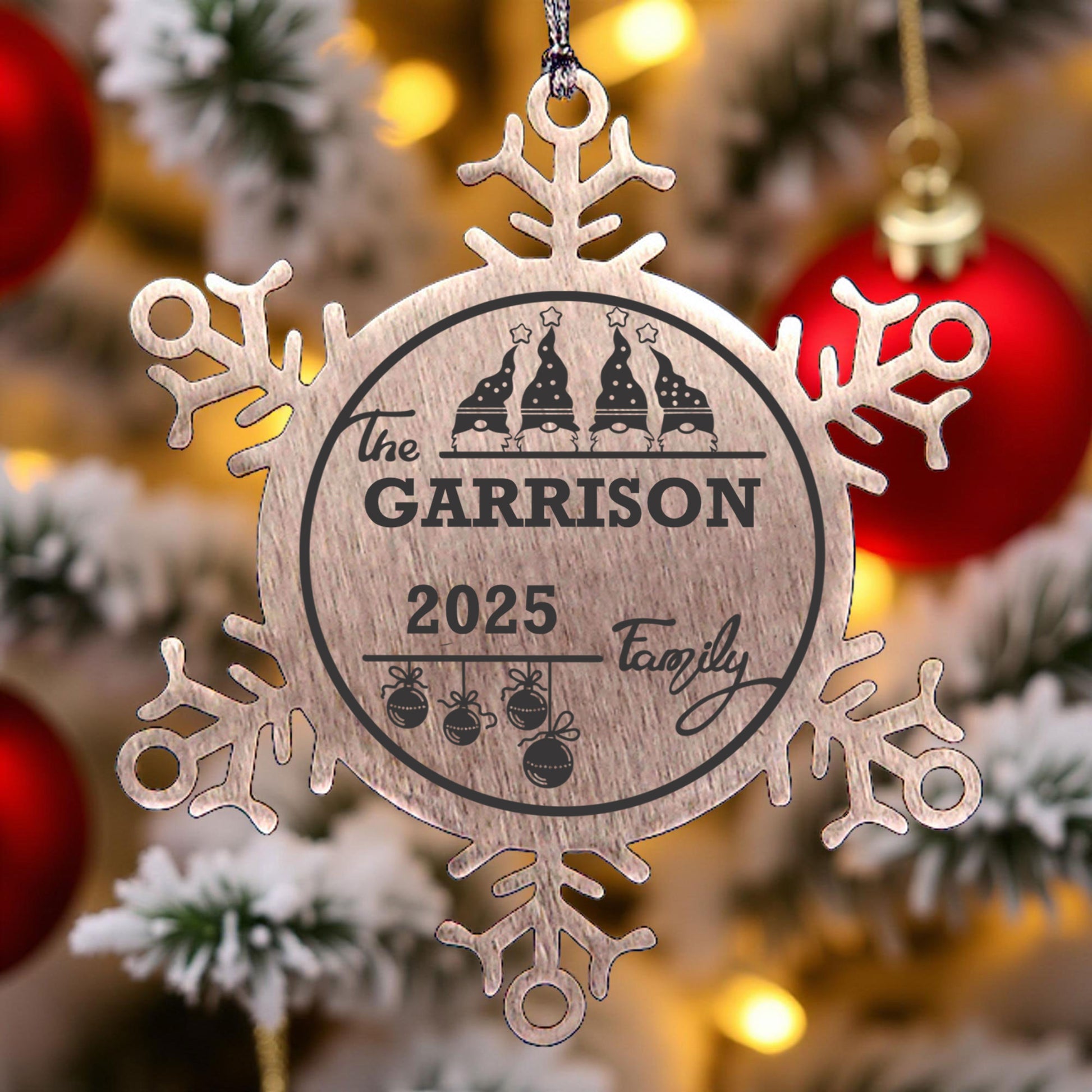 Personalized 4 Gnome Family Snowflake Ornament – Custom Stainless Steel Christmas Keepsake with Gift Bag – Engraved Names & Dates Holiday Decor for Family or Friends - Mallard Moon