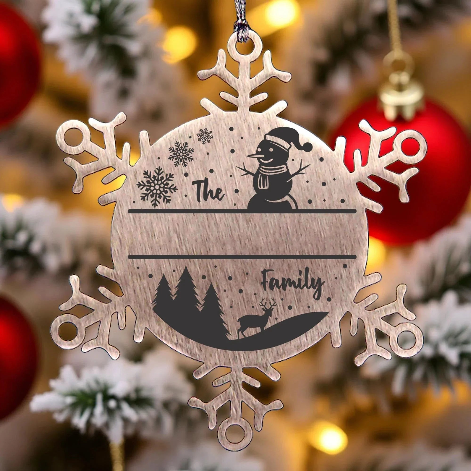 Personalized Snowman Snowflake Christmas Tree Ornament Family Name Laser Engraved Stainless Steel