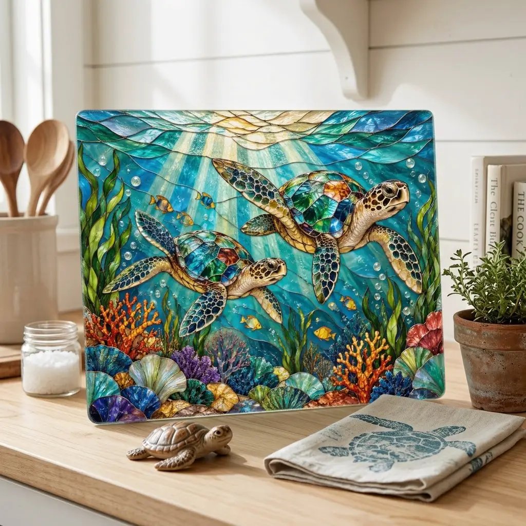 Sea Turtle Glass Cutting Board, Ocean Kitchen Decor, Coastal Chopping Board, Underwater Sea Life Gift, Marine Turtle Kitchen Art Piece