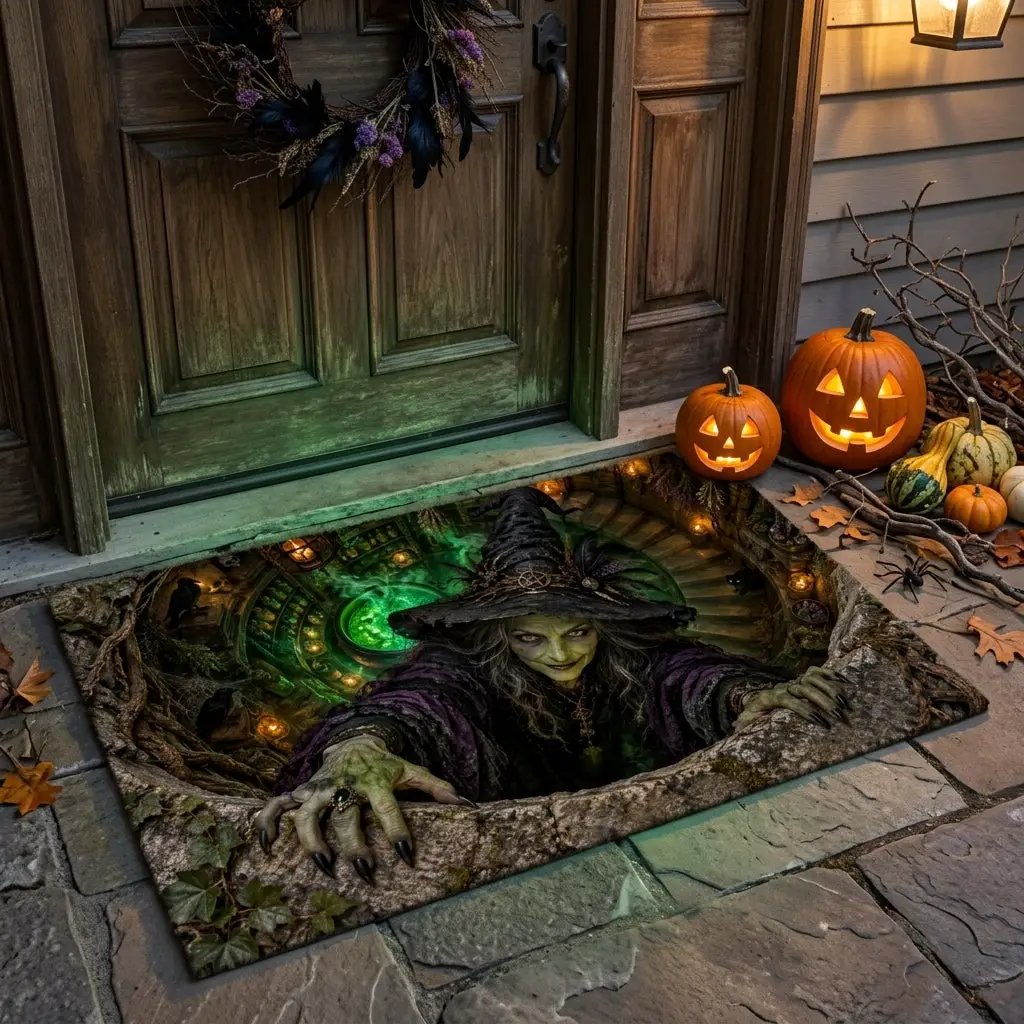 Witch Doormat, Halloween 3D Optical Illusion Door Mat, Witch Apothecary Cellar Welcome Mat, Spooky Porch Decor, Haunted House Entrance