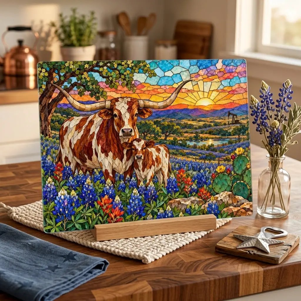 Texas Longhorn Glass Cutting Board, Bluebonnet Ranch Kitchen Decor, Western Farmhouse Gift, Texas Country Decor, Longhorn Cattle Art