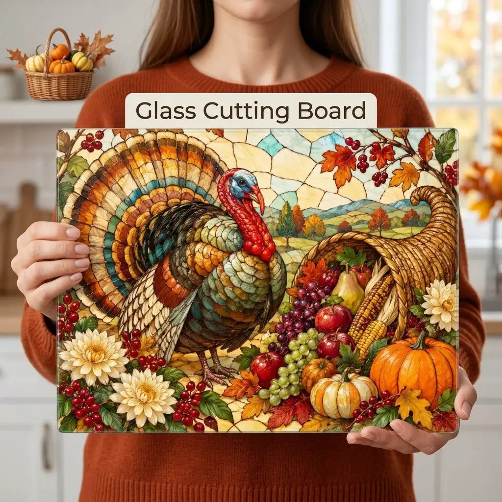 Thanksgiving Turkey Glass Cutting Board, Stained Glass Harvest Kitchen Decor, Fall Turkey Chopping Board, Country Thanksgiving Gift