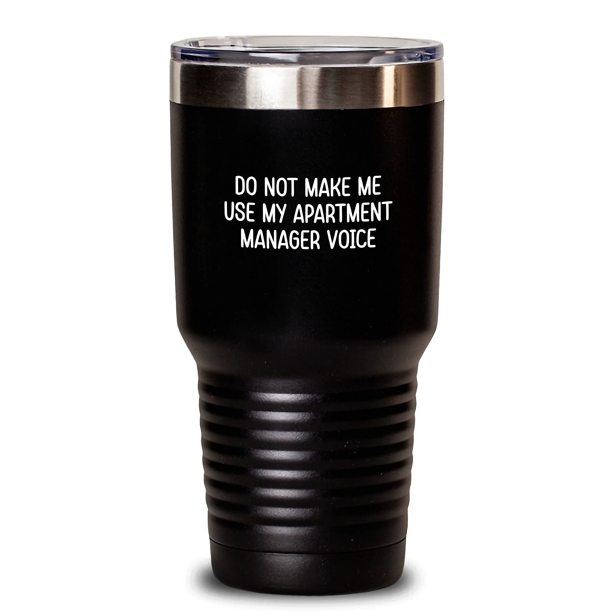 Funny Apartment Manager Tumbler Gifts from Friends for Valentine's 'Do Not Make Me Use My Apartment Manager Voice' Tumbler, 20oz & 30oz Black Stainless Steel Vacuum Insulated Tumbler with Lid