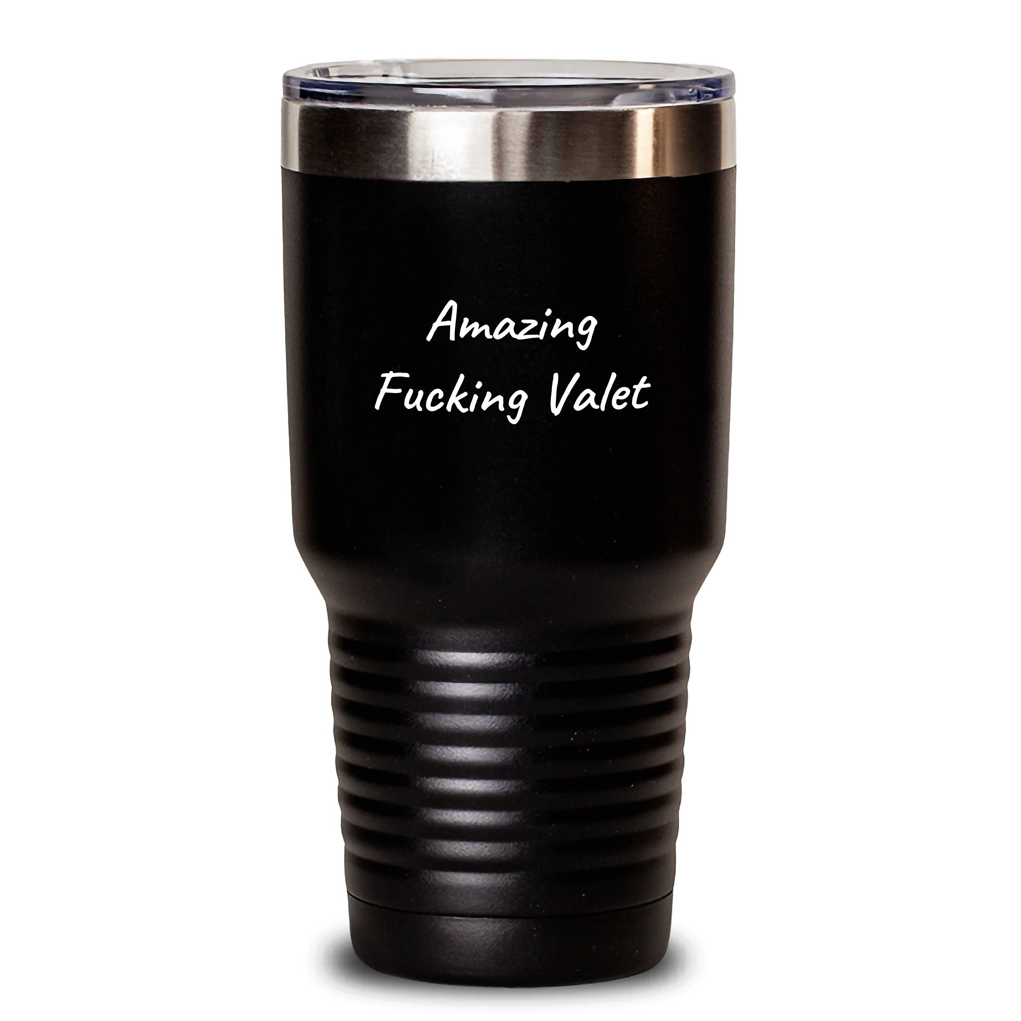 Funny Valet Gifts for Him - Valentine's Unique Tumblers with 'Amazing F--king Valet' Quote, Black Stainless Steel, 20oz or 30oz Capacity - Main