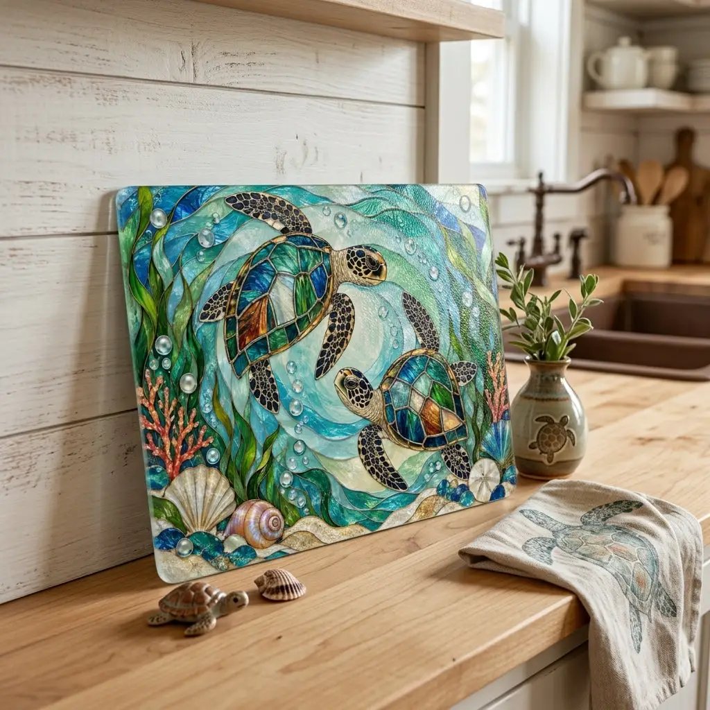 Sea Turtle Glass Cutting Board, Ocean Kitchen Decor, Coastal Serving Board, Marine Life Gift, Sea Lover Kitchen Accessory, Beach House
