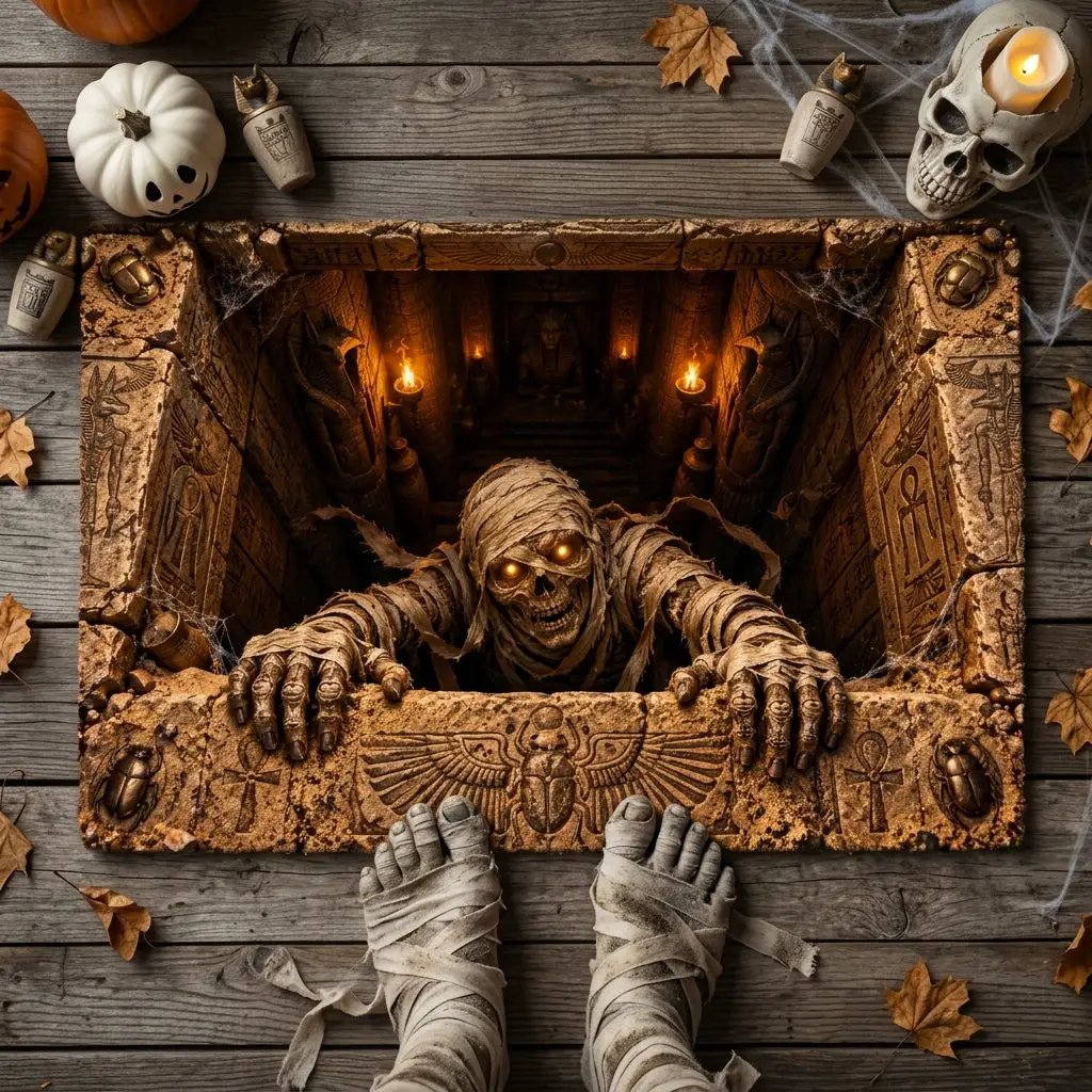 Mummy Halloween Doormat, 3D Egyptian Tomb Optical Illusion Mat, Creepy Mummy Door Mat, Haunted Halloween Porch Decor
