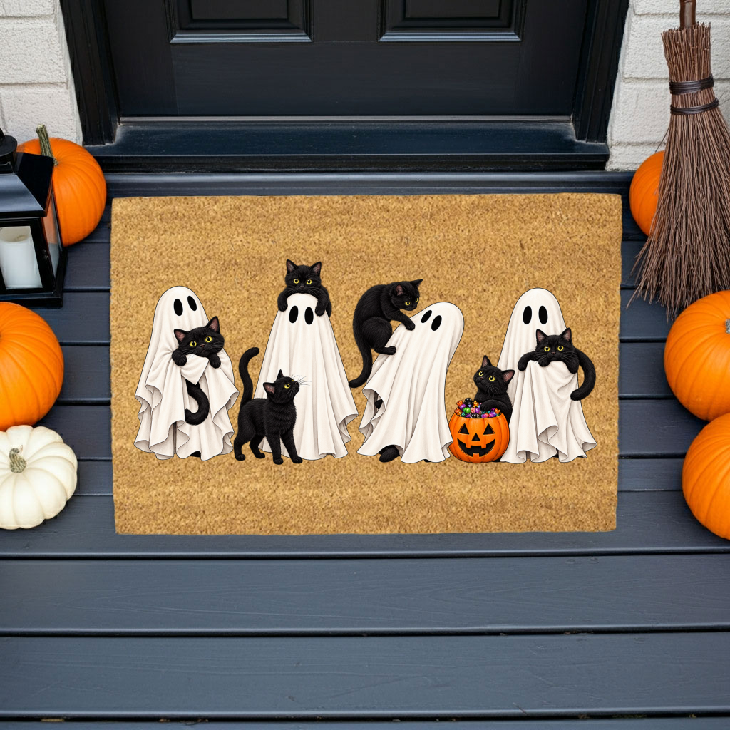 Halloween Black Cat Doormat, Cute Ghost Welcome Mat, Funny Cat Halloween Decor, Spooky Fall Porch Decor, Cat Lover Gift, Coir Door Mat