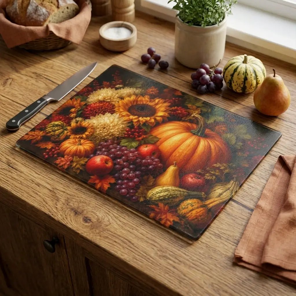 Fall Glass Cutting Board, Pumpkin Sunflower Kitchen Decor, Autumn Harvest Cutting Board, Thanksgiving Kitchen Gift