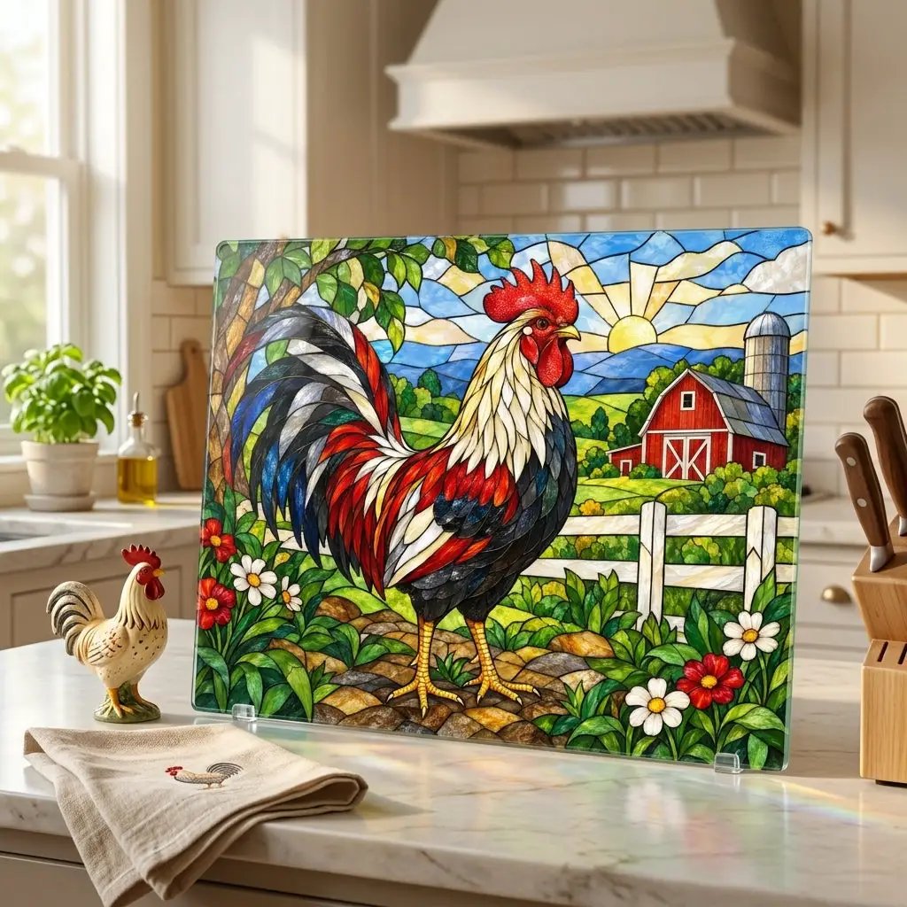 Rooster Glass Cutting Board, Red Barn Farmhouse Kitchen Decor, Country Rooster Art, Stained Glass Farm Decor, Rustic Kitchen Gift