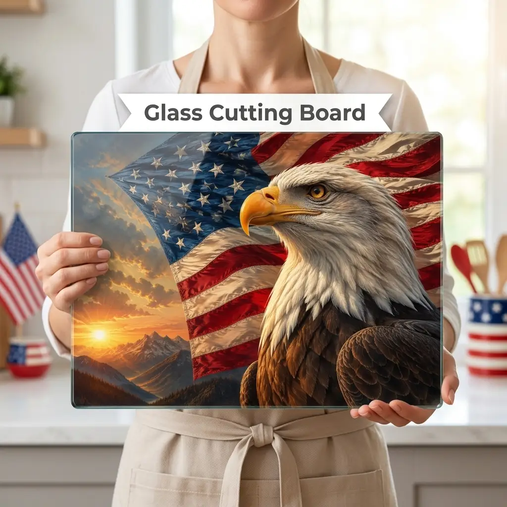 Patriotic Eagle Cutting Board, American Flag Glass Cutting Board, Bald Eagle Kitchen Decor, USA Patriotic Gift, Americana Home Decor