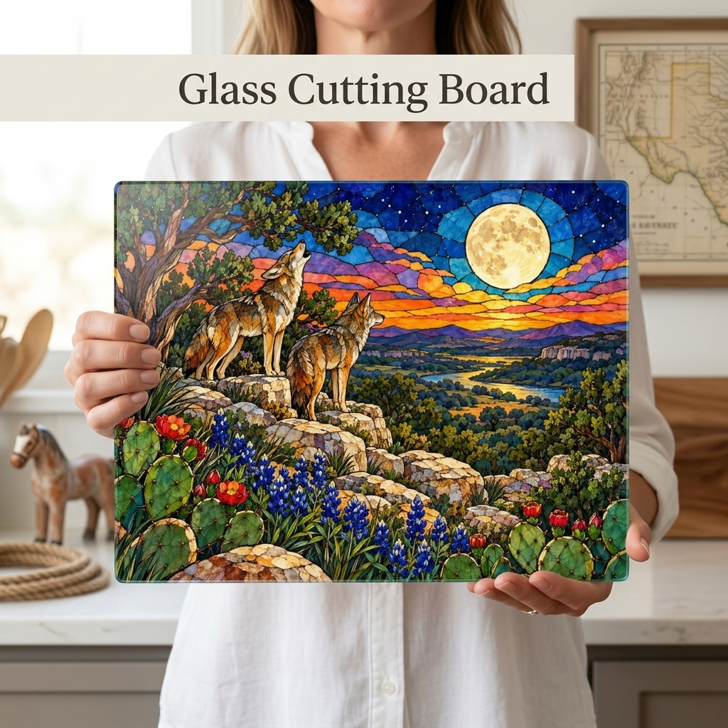 Texas Coyote Glass Cutting Board, Call of the Wild Moonlight Decor, Bluebonnet Kitchen Art, Western Wildlife Gift, Texas Kitchen Decor