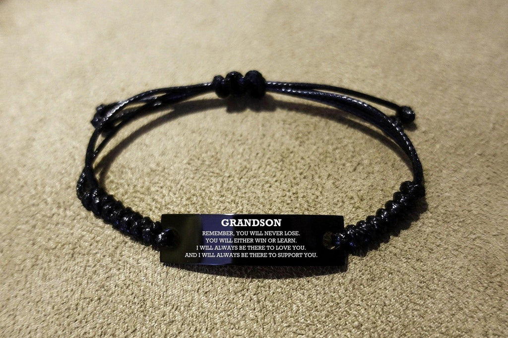 Grandson Braided Leather Rope Bracelet, Remember, You Will Never Lose, You Will Either Win or Learn, Black Leather Engraved Bracelet for your Grandson, Birthday, Christmas Gifts Ideas