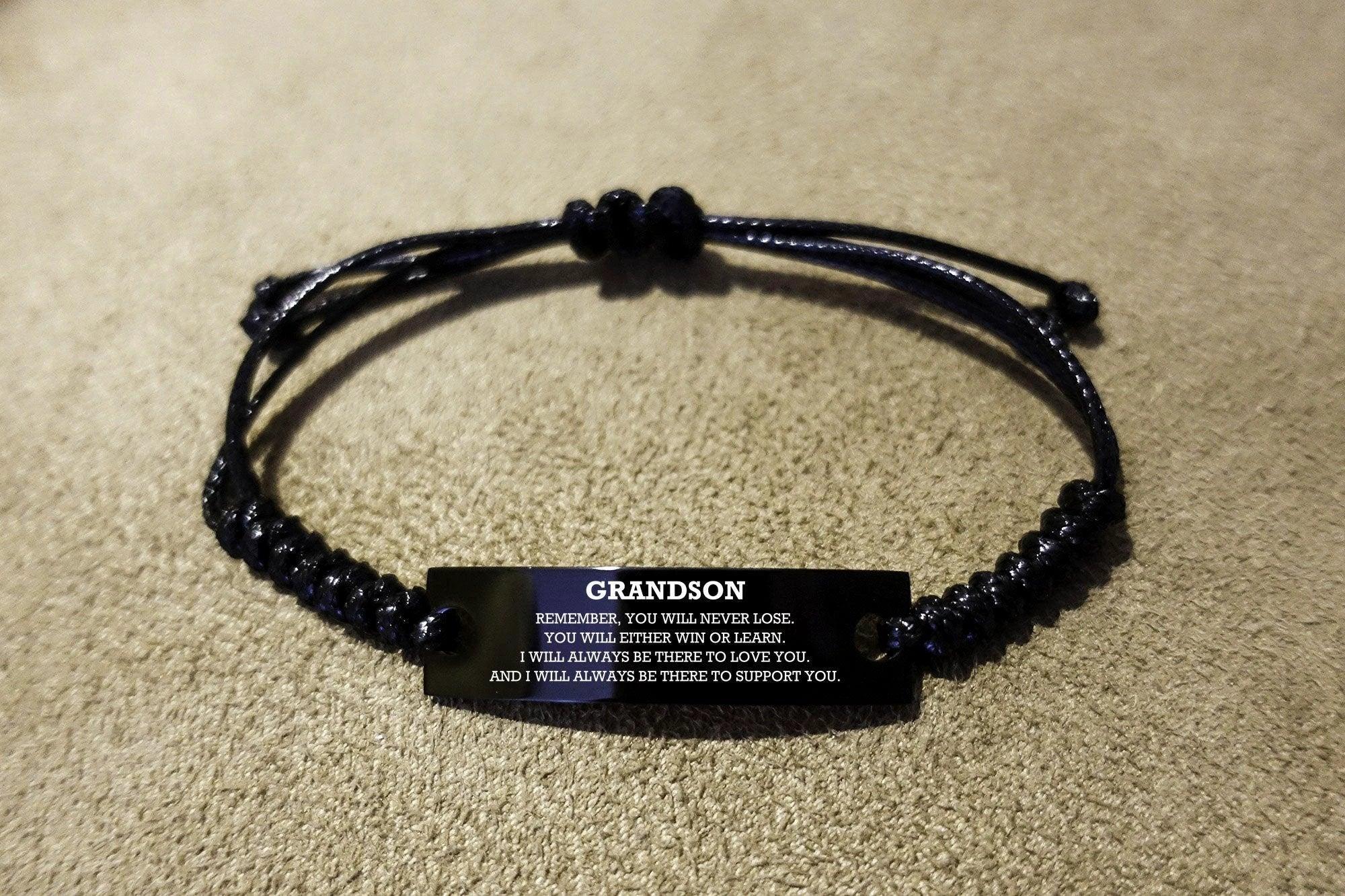 Grandson Braided Leather Rope Bracelet, Remember, You Will Never Lose, You Will Either Win or Learn, Black Leather Engraved Bracelet for your Grandson, Birthday, Christmas Gifts Ideas