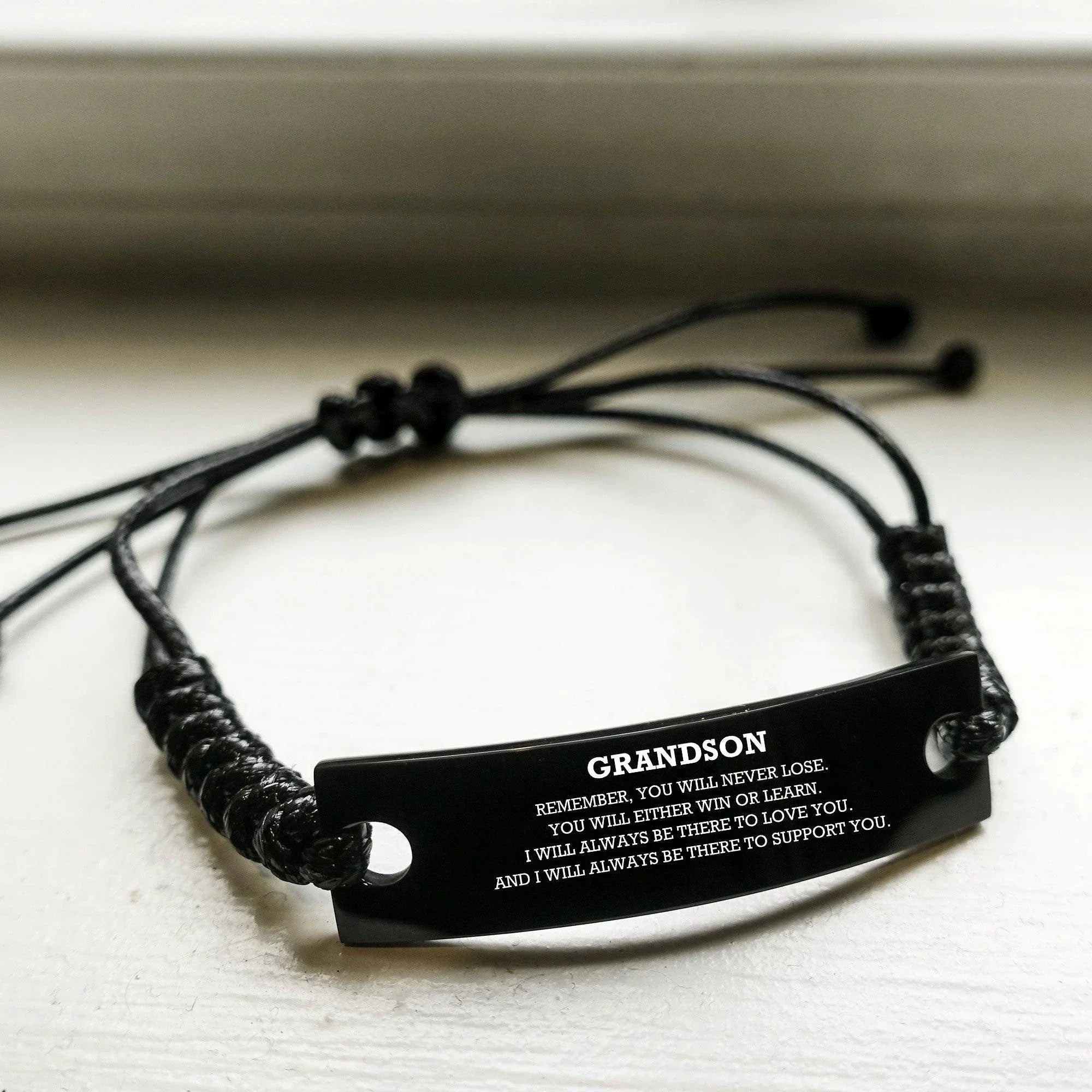 Grandson Braided Leather Rope Bracelet, Remember, You Will Never Lose, You Will Either Win or Learn, Black Leather Engraved Bracelet for your Grandson, Birthday, Christmas Gifts Ideas