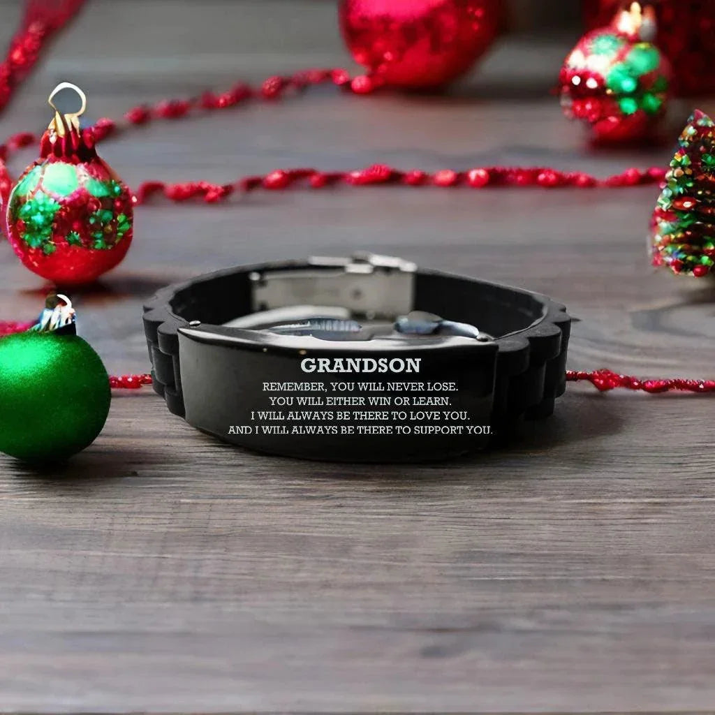 Grandson Black Glide Lock Bracelet, Remember, You Will Never Lose. , Leather Engraved Bracelets for your Grandson, Birthday, or Christmas, Inspirational Gifts Ideas