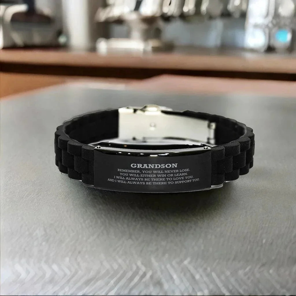 Grandson Black Glide Lock Bracelet, Remember, You Will Never Lose. , Leather Engraved Bracelets for your Grandson, Birthday, or Christmas, Inspirational Gifts Ideas